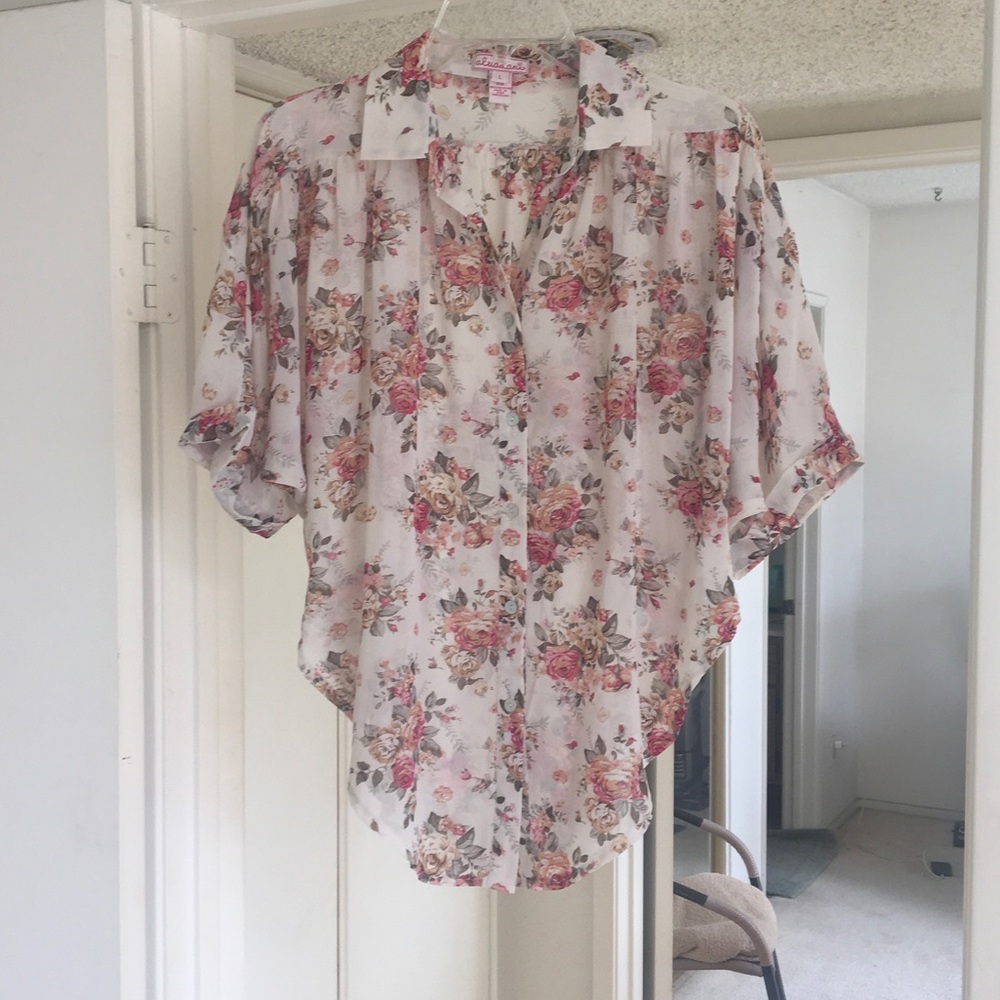 PINK & RED ROSE FLORAL SHEER BUTTON FRONT BLOUSE/NEW